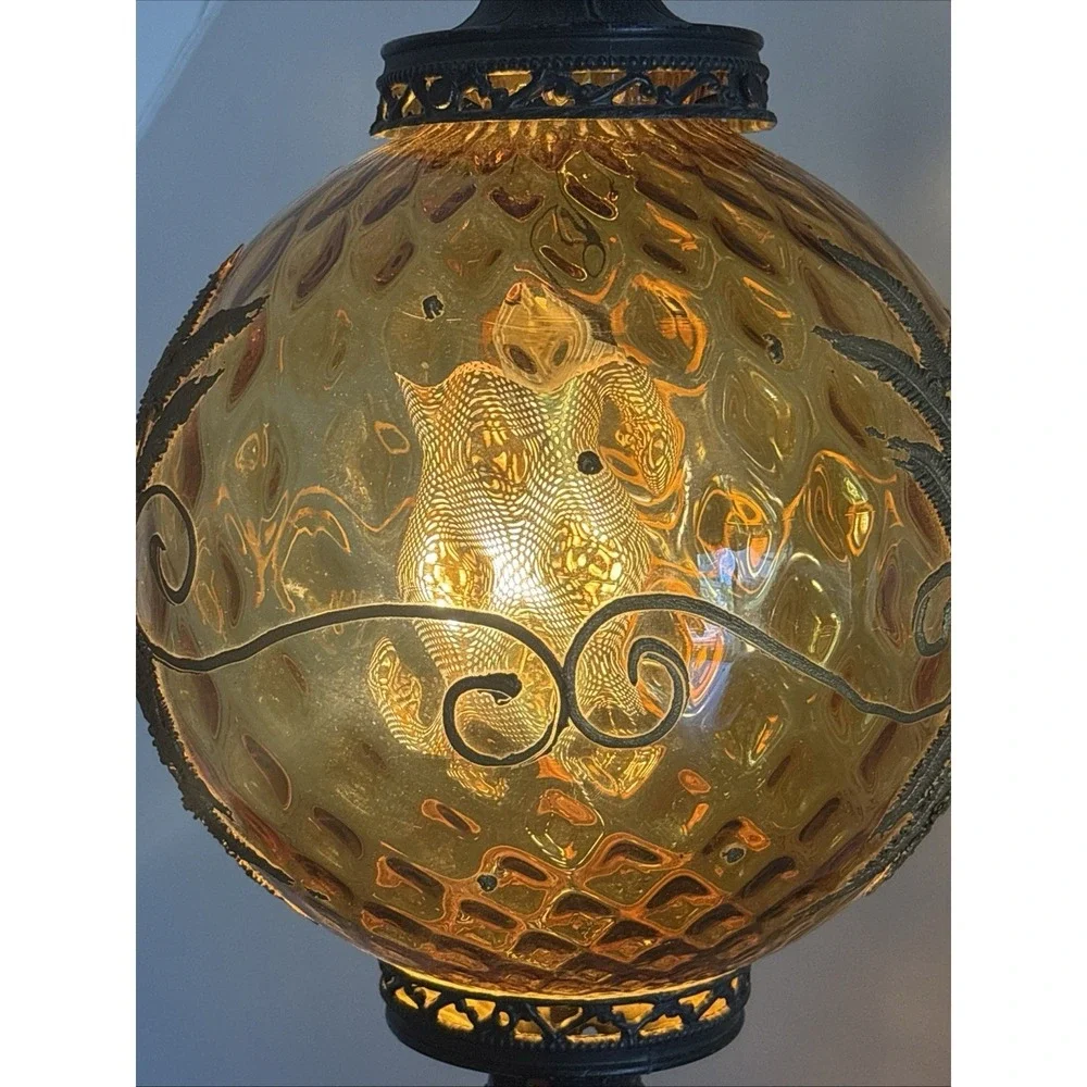 Vintage Large Amber Glass MCM  Hanging Swag Lamp Light W/ Chain